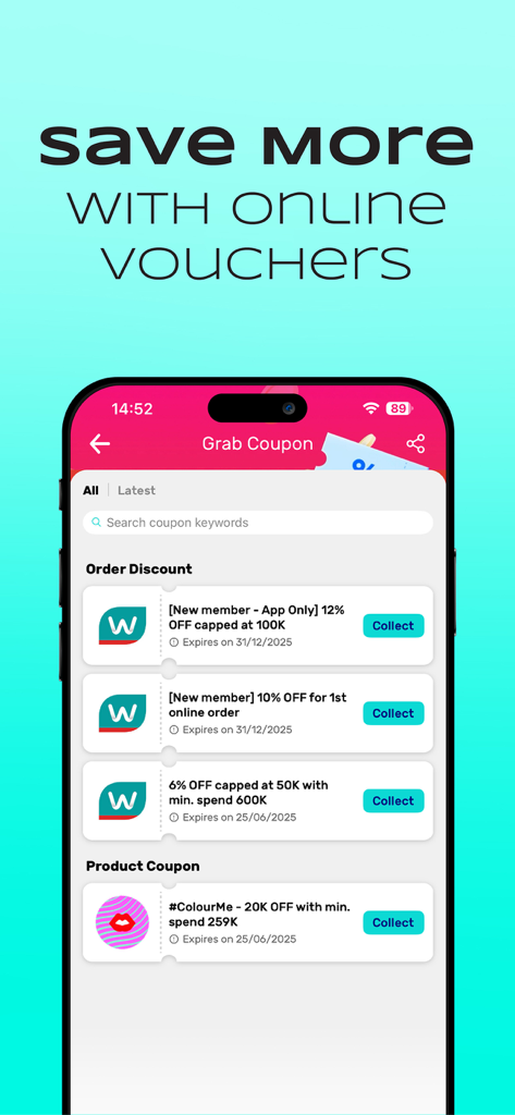 Watsons 베트남 앱에서 사용 가능한 온라인 쇼핑 바우처 및 할인 목록을 보여주는 스크린샷