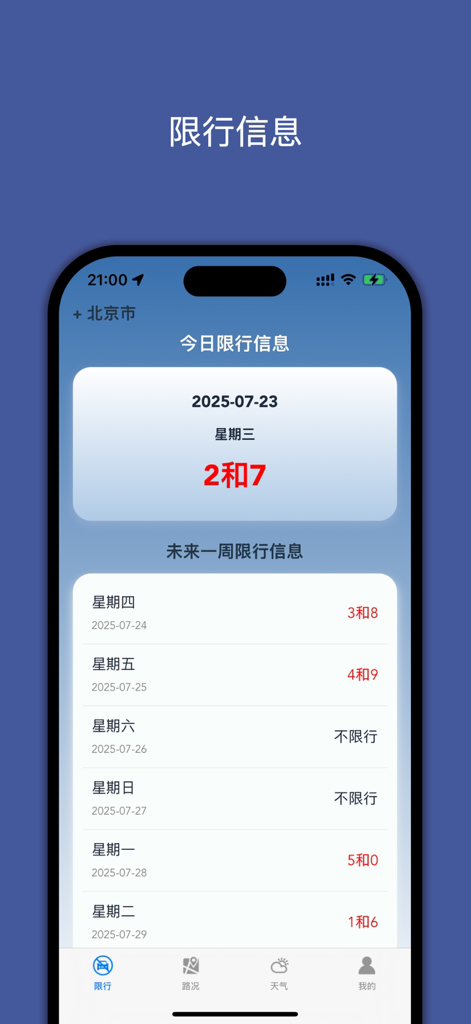 尾号限行 PRO-机动车单双号限行查询专业版 - Mobile app interface showing the daily and weekly driving restriction schedule for license plate end numbers in Beijing