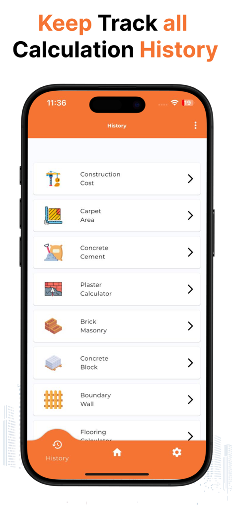 Construction Calc - Civil Calc - Mobile App-Bildschirm mit einer Liste von Bau- und Materialberechnungen für verschiedene Projekte.