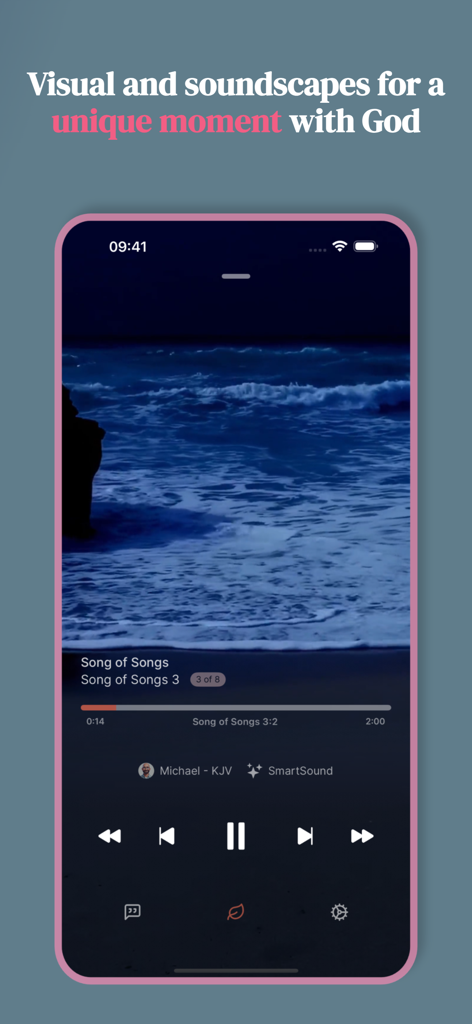 Audibible Mobile App Audio-Player-Oberfläche mit einem friedlichen Strand-Visual-Hintergrund für einen einzigartigen Moment mit Gott