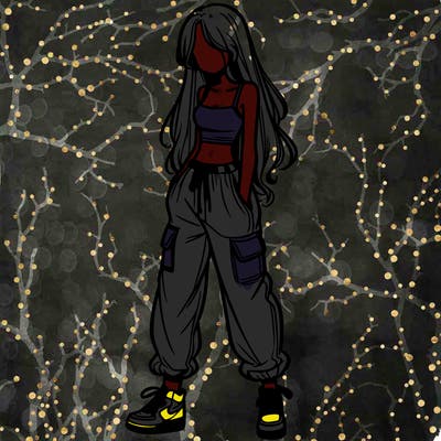 girl in baggy pants crop top and long hair