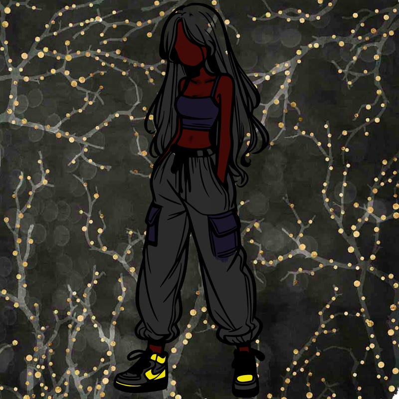 girl in baggy pants crop top and long hair