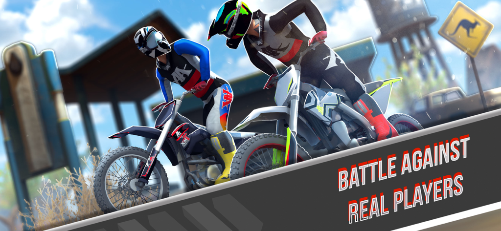 TiMX: This is Motocross - Two motocross riders on dirt bikes ready for a race with text overlay saying battle against real players