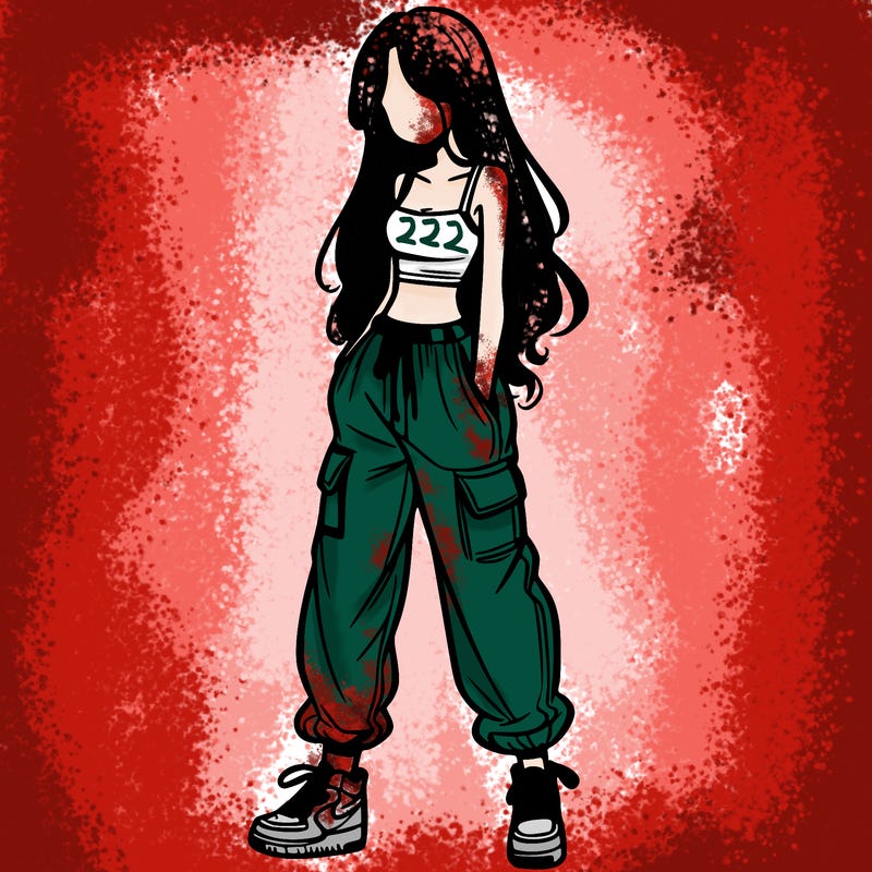girl in baggy pants crop top and long hair