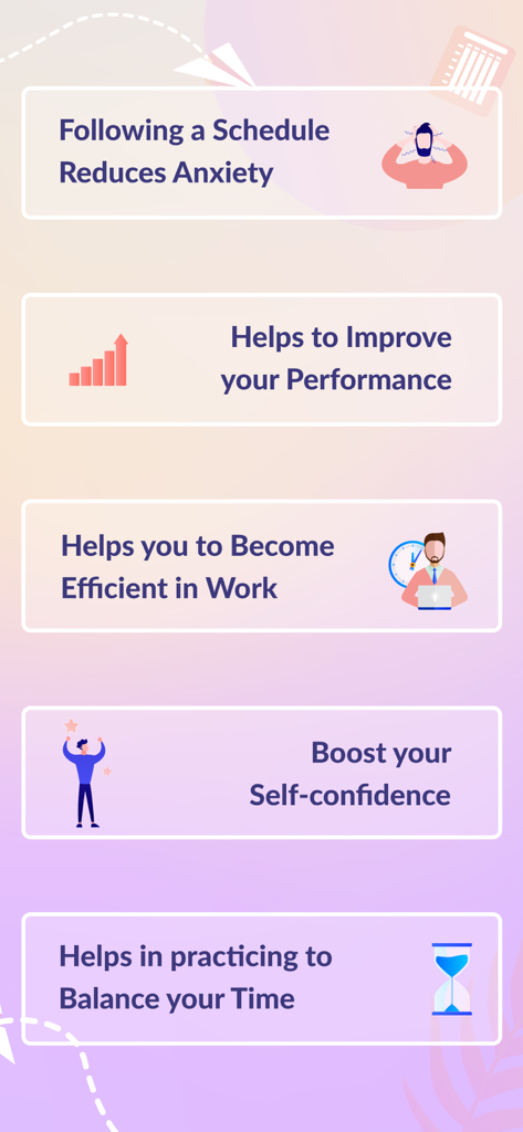 Infographic showing the benefits of Hourly Chime app such as reducing anxiety and improving work efficiency.