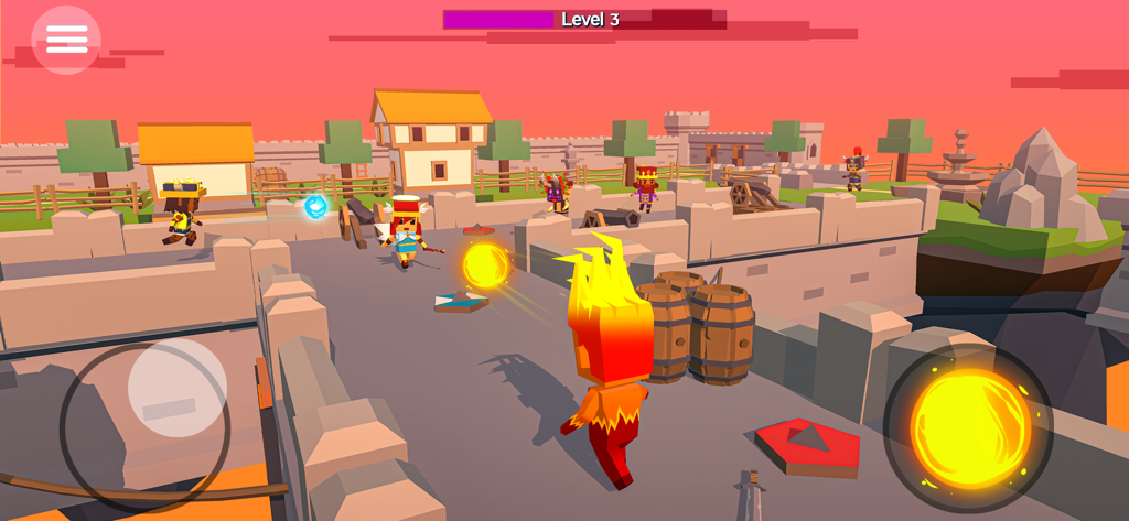 Blocky characters using magic spells in a low poly battle arena
