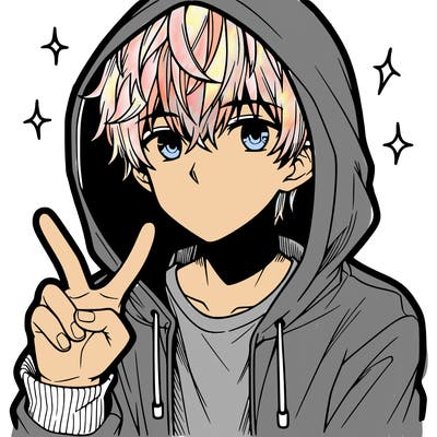 teenage manga boy in a hoodie, doing ✌
