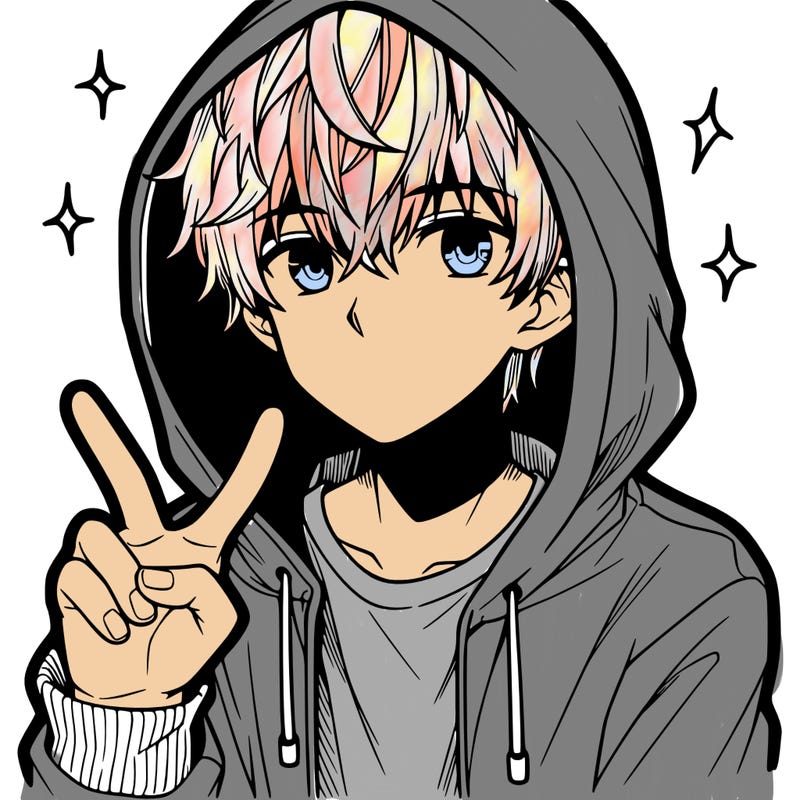 teenage manga boy in a hoodie, doing ✌