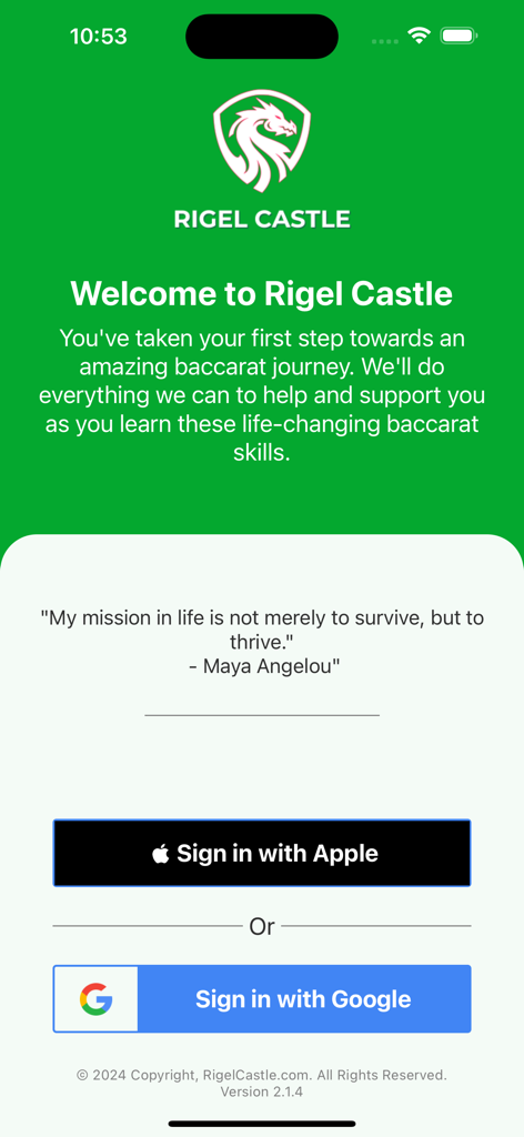 Rigel Castle Baccarat - Rigel Castle Baccarat app welcome and sign-in screen with dragon logo