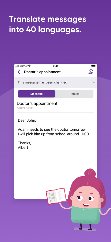 SchoolFox - Schulkommunikation - SchoolFox mobile app interface showing message translation feature for school communication in 40 languages