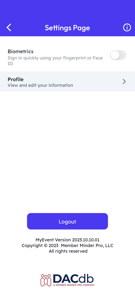 MyEvent by Member Minder Pro - Pantalla de configuración para la aplicación MyEvent con opciones de biometría y gestión de perfil.