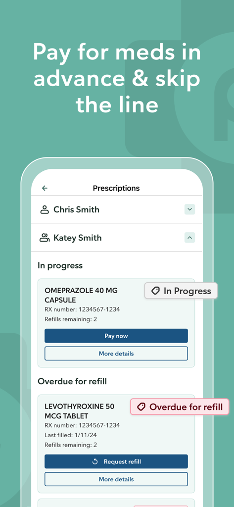 Publix Pharmacy app interface for managing family prescriptions with options to pay in advance and request refills.