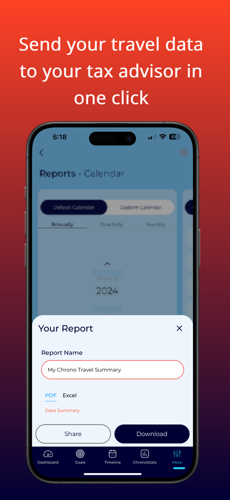 Chrono: Time in Place - A mobile screen showing the Chrono app report generation tool for sending travel data to tax advisors in PDF or Excel format
