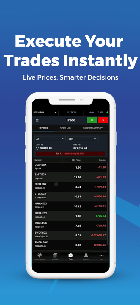 Mubasher: Trade & Invest - Mobile app interface of Mubasher Trade Egypt showing a user portfolio of Egyptian stocks with live prices.
