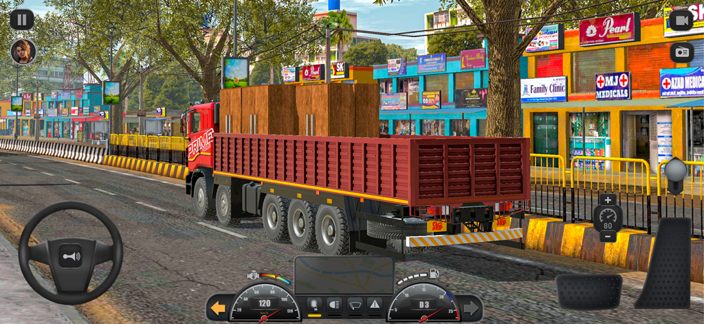 A red truck carrying cargo through a colorful Indian city street with shop signs and realistic driving controls in Truck Masters India Simulator