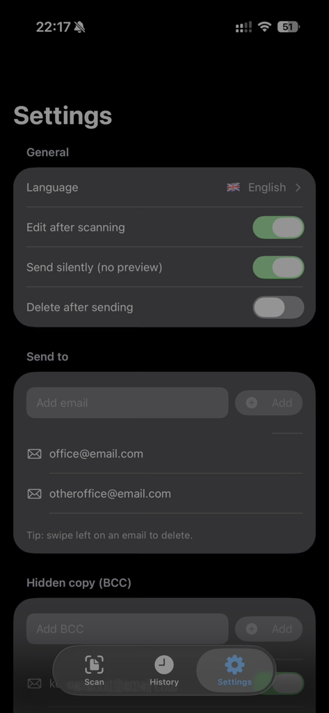 Quick Scan And Share - Settings screen of the Quick Scan And Share app showing general preferences and email destination management.