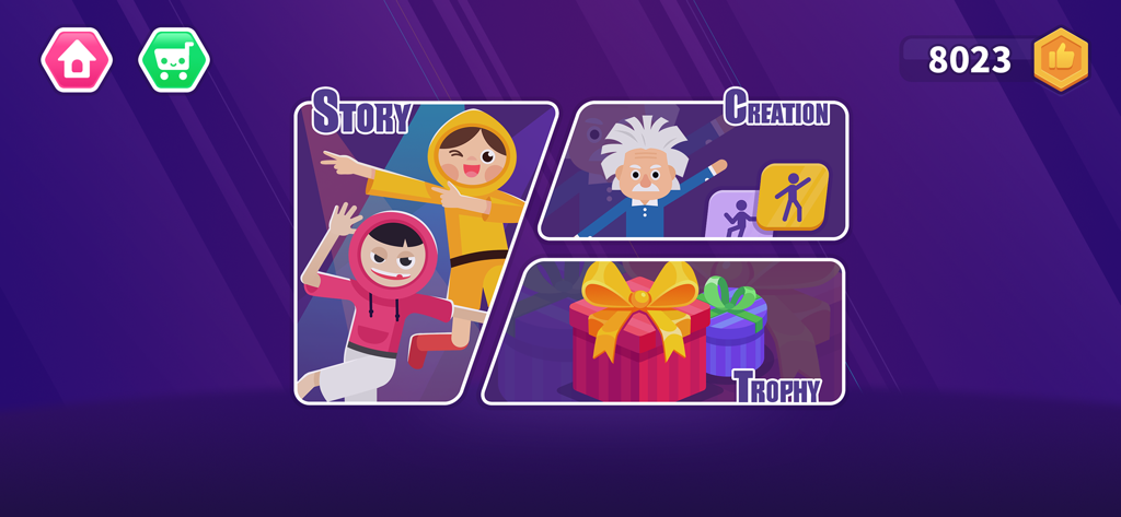 Dance Party Coding for kids - Main menu of the Dance Party Coding for Kids app showing Story, Creation, and Trophy game modes.