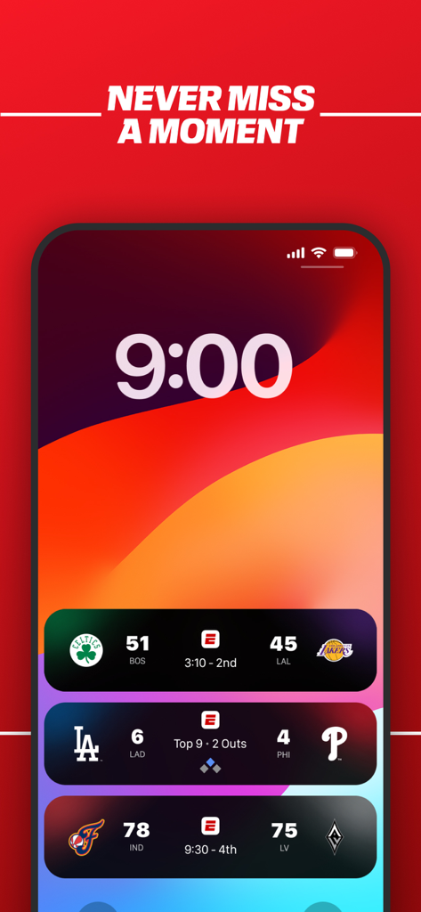 Smartphone lock screen displaying live sports score widgets from the ESPN app.