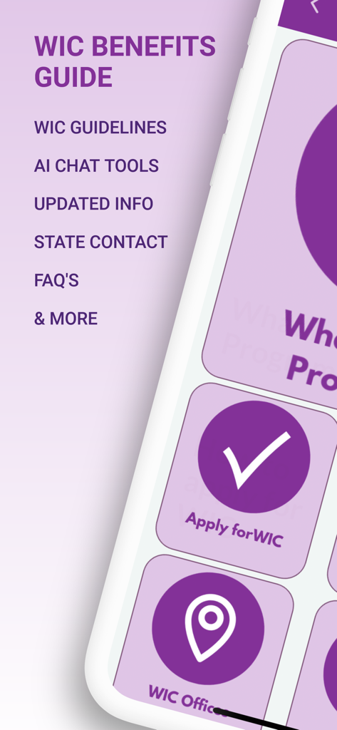 Interfaz principal de la aplicación Guía de Beneficios WIC mostrando un menú de navegación con opciones como herramientas de chat IA y ubicaciones de oficinas