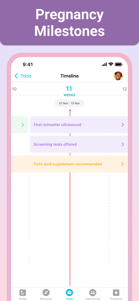 Pregnancy + | Tracker App - A mobile interface of the Pregnancy+ app showing a weekly timeline with milestones like first-trimester ultrasound and screening tests at eleven weeks.
