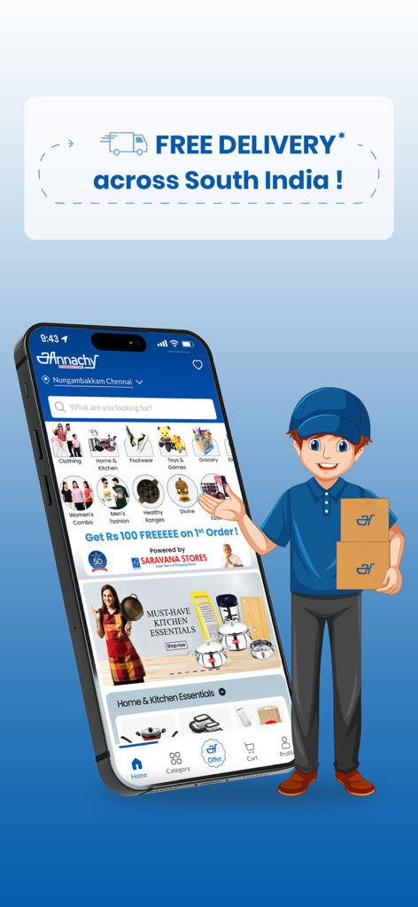 Annachy - Annachy shopping app display showing product categories and free delivery promotion