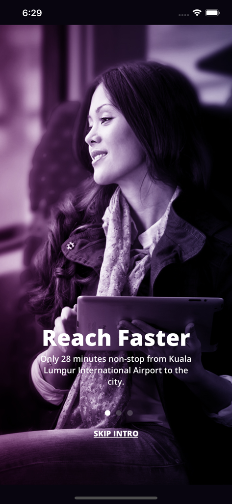 Pantalla de introducción de la app KLIA Ekspres que indica el viaje de 28 minutos desde el aeropuerto a la ciudad