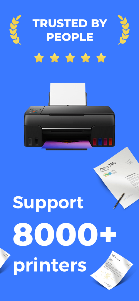 Epsom Printer app screenshot showing support for over 8000 printer models and high user trust with a five star rating.