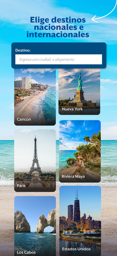 BestDay app destination search screen showing popular locations like Cancun and New York