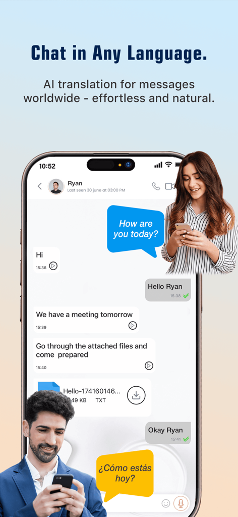 Trulinco: AI Voice Translator - Smartphone displaying Trulinco app with AI powered chat translation between English and Spanish speakers