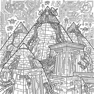 Step into a mesmerizing blend of ancient history and futuristic technology with this unique coloring page. Discover pyramids wired with circuits and temples reimagined with cyberpunk details, offering an exciting challenge for your imagination.