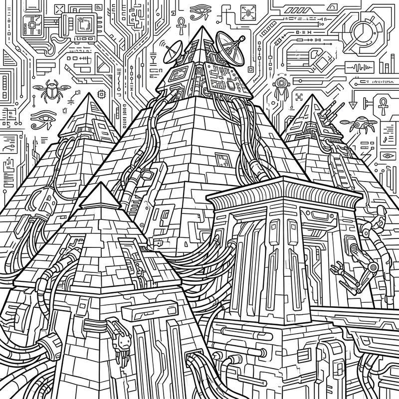 Step into a mesmerizing blend of ancient history and futuristic technology with this unique coloring page. Discover pyramids wired with circuits and temples reimagined with cyberpunk details, offering an exciting challenge for your imagination.