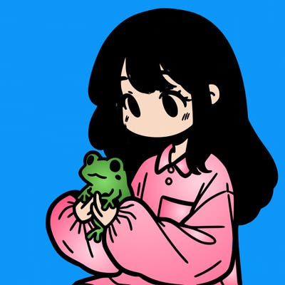 girl with long hair and a oversized shirt. and she is holding a frog