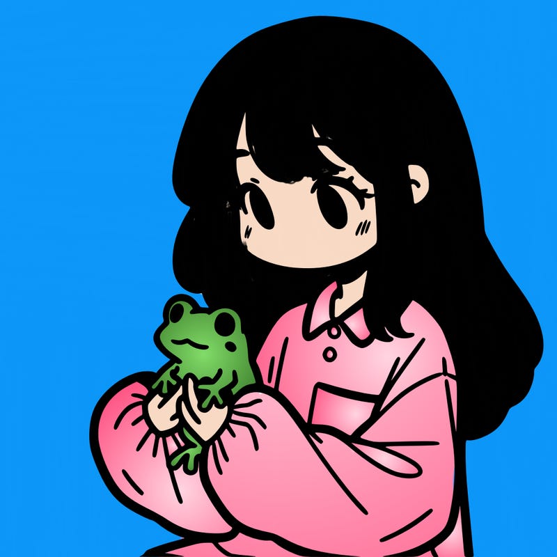 girl with long hair and a oversized shirt. and she is holding a frog