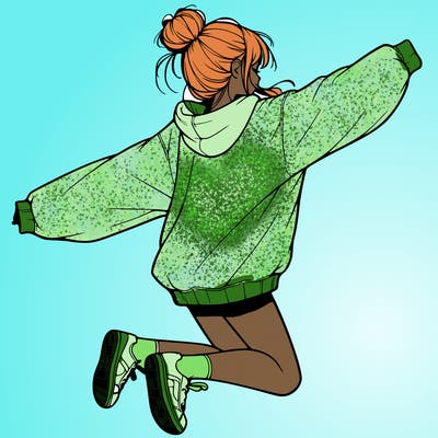 realistic girl jumping with a bun and oversized sweatshirt