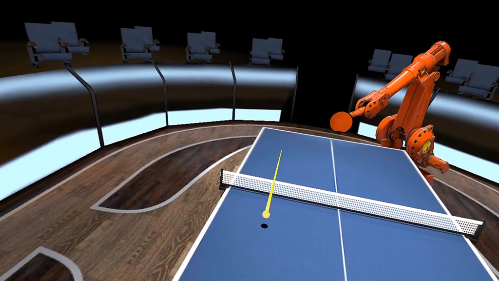 Ping Pong VR - A first-person view of a virtual reality table tennis match against an industrial robot opponent.