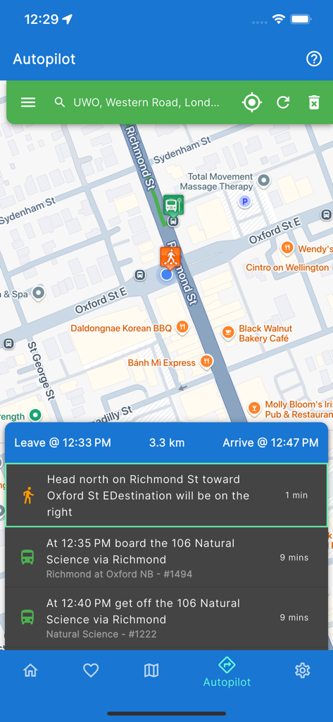 London Transit LTC Live - London Transit LTC Live app interface showing the Autopilot trip planner with map and bus route details.