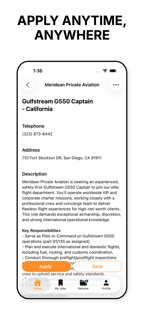 climbto350: aviation job board - Mobile screen of climbto350 app showing a job posting for a Gulfstream G550 Captain in California with an apply button