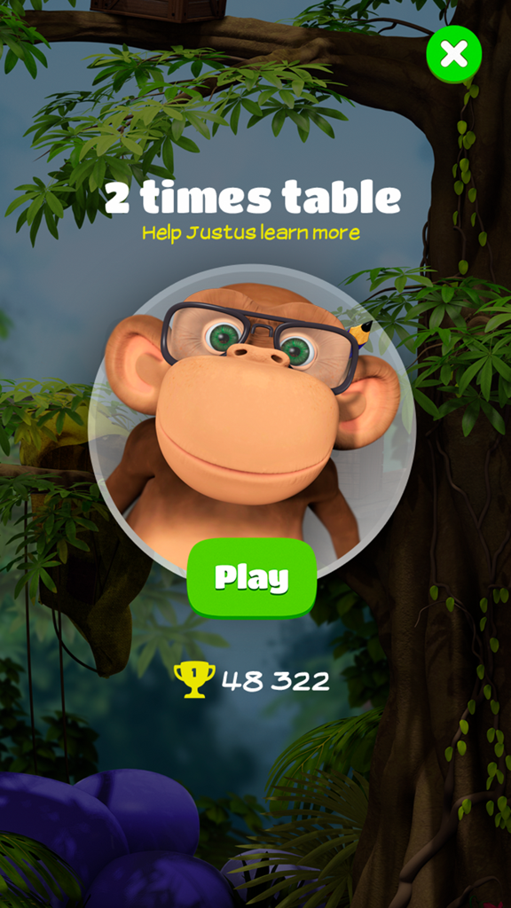 Start screen for the two times table mini-game in 10monkeys Multiplication featuring a monkey with glasses