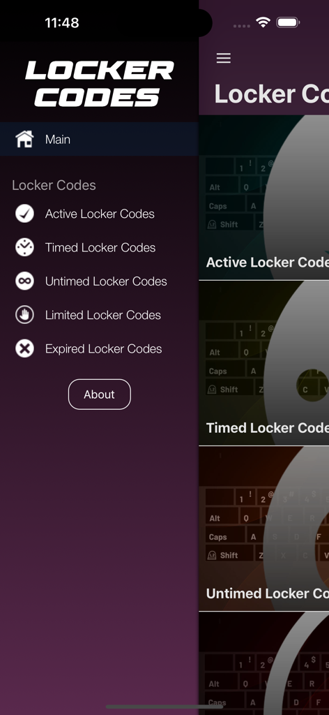 Locker Codes - Navigationsmenü der Locker Codes App mit Kategorien wie aktive zeitlich begrenzte und limitierte Codes für NBA 2K MyTeam