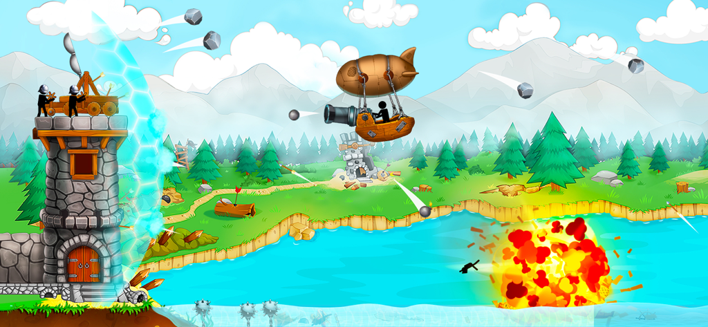The Catapult: stick man game - Stickman defending a stone castle with a catapult against a flying enemy airship with explosions and a shield.