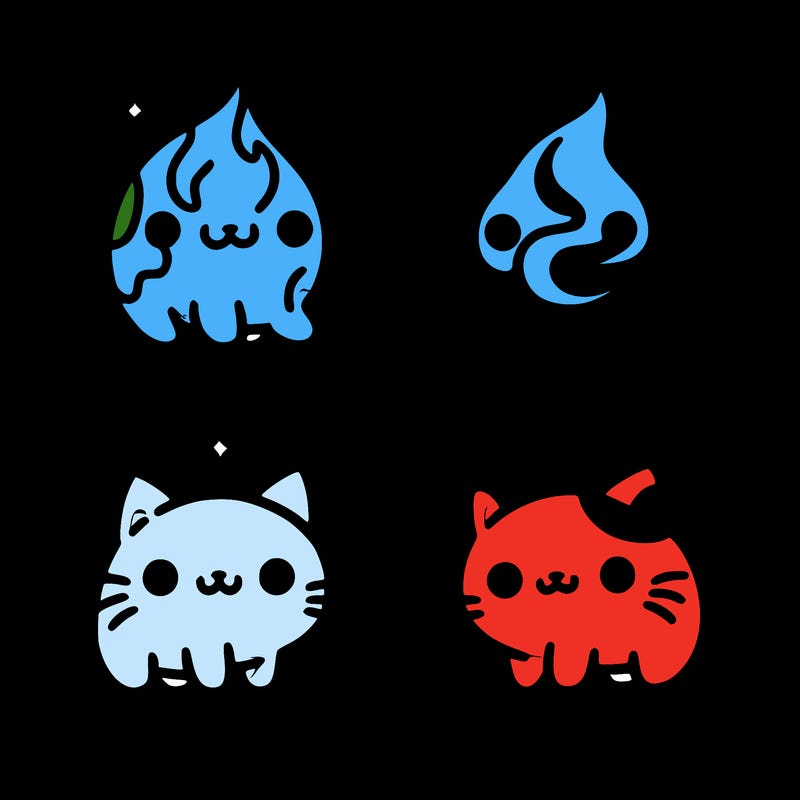 4 cats that represent the different elements, earth, water, air, and fire