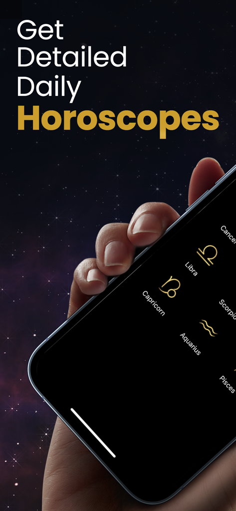 Uma mão segurando um smartphone exibindo ícones de signos do zodíaco como Libra e Escorpião contra um fundo de céu estrelado com o texto Obtenha Horóscopos Diários Detalhados.