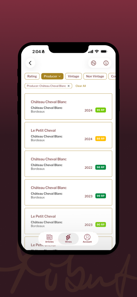 Robert Parker - Robert Parker Wine Advocate mobile app displaying professional wine ratings and scores for Chateau Cheval Blanc