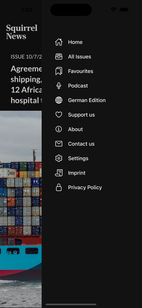 Squirrel News - The navigation menu of the Squirrel News app showing categories like Home, All Issues, Favourites, and Podcast.