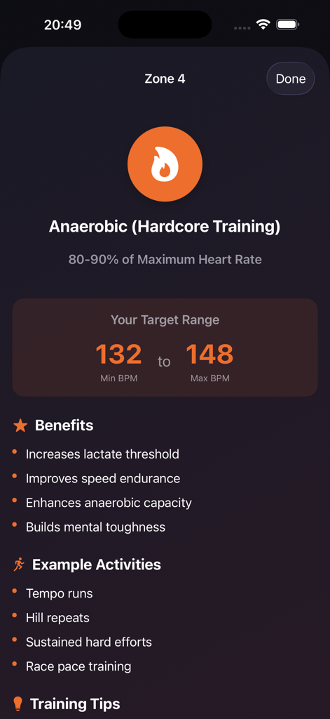 HRZones app interface showing anaerobic heart rate training zone with BPM range and workout tips