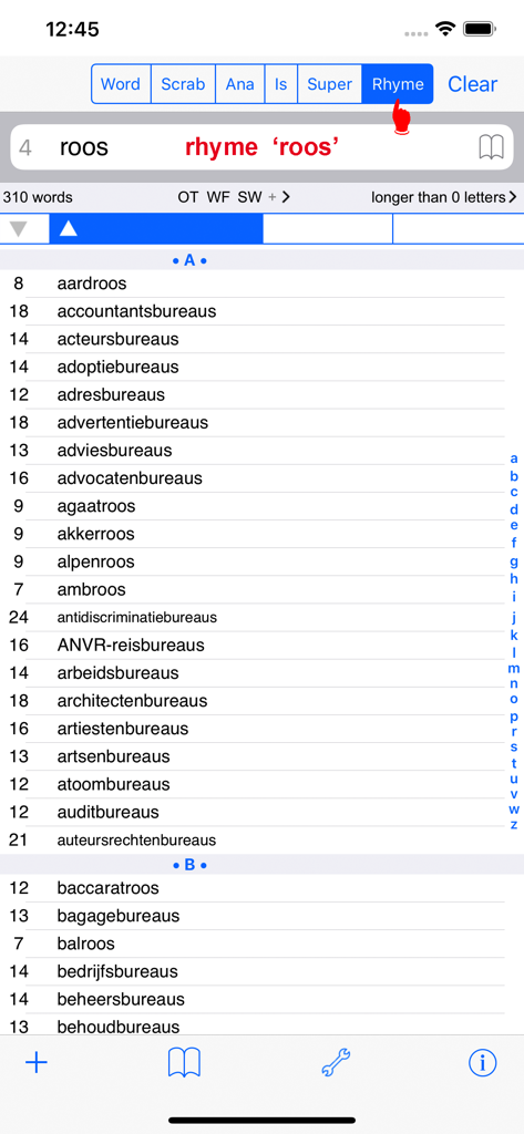 Niederländische Reimsuche für das Wort 'roos' in der NL Woordvinder-App