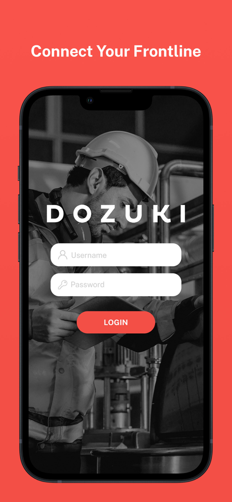 Dozuki - Dozuki mobile app login interface featuring an industrial worker and the slogan Connect Your Frontline