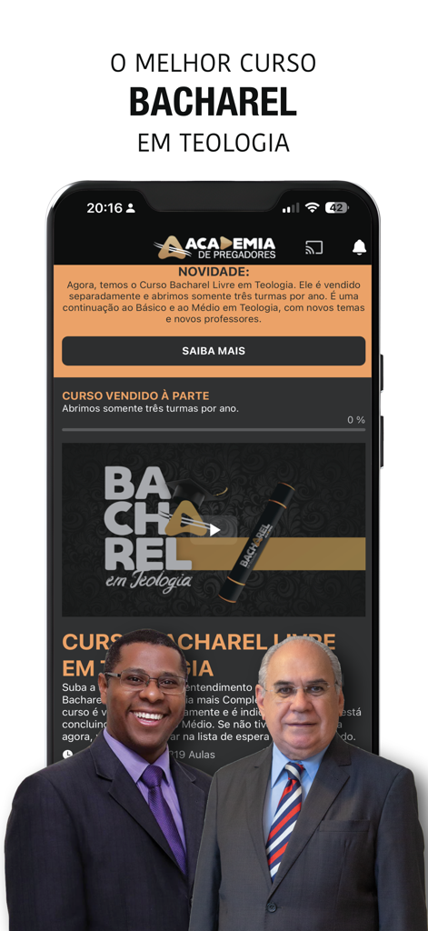 Academia de Pregadores - Pantalla de smartphone de la aplicación Academia de Pregadores promocionando un curso de Licenciatura en Teología con dos instructores