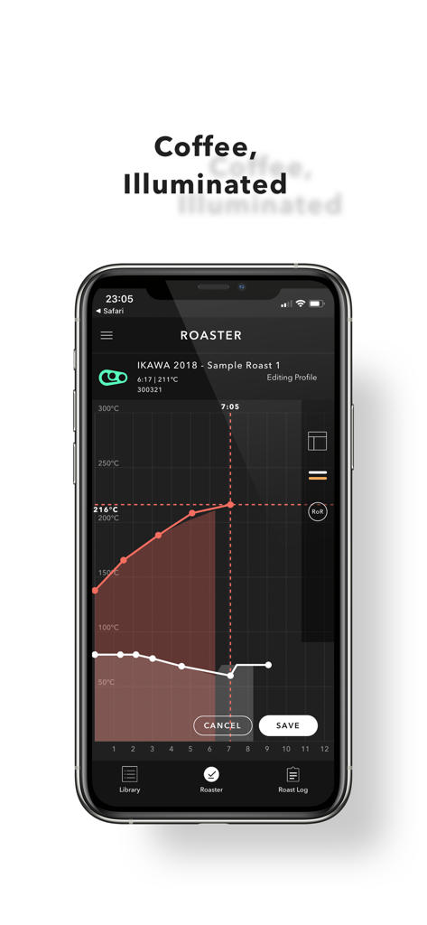 Interfaccia dell'app mobile IKAWA Pro che mostra un grafico del profilo di temperatura di tostatura del caffè e dati in tempo reale