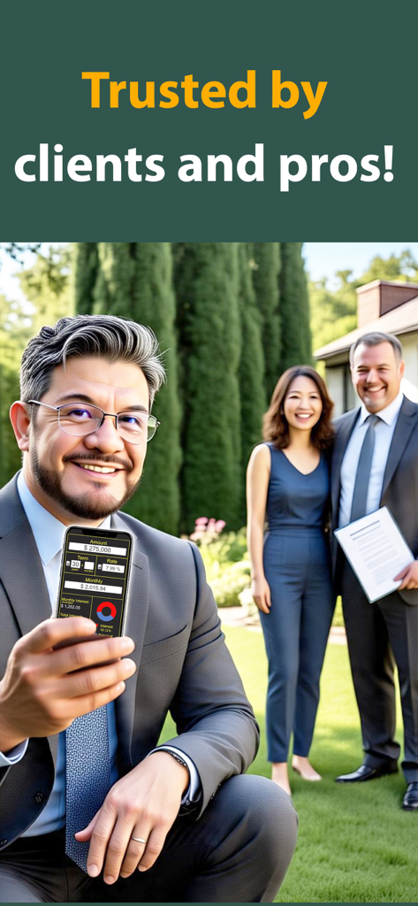 Loan Calculator $ - A real estate agent using the loan calculator app with happy clients in front of a house